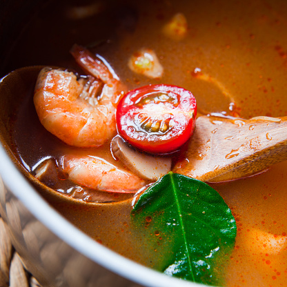 Thai Traditional Prawn soup - Tom yum goong nam sai Tom Yum Shrimp Clear Water. Made with fresh ingredients: king prawns, galangal, lemongrass, kaffir leaves, fish sauce, lime, cilantro and fresh Thai chili.