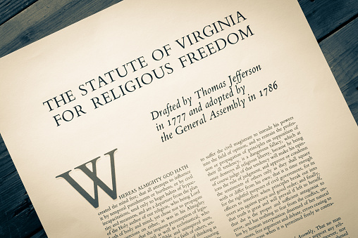 The Statute Of Virginia For Religious Freedom, drafted by Thomas Jefferson in 1777 and adopted by the General Assembly in 1786. Printed. Immigration Ban Antidote