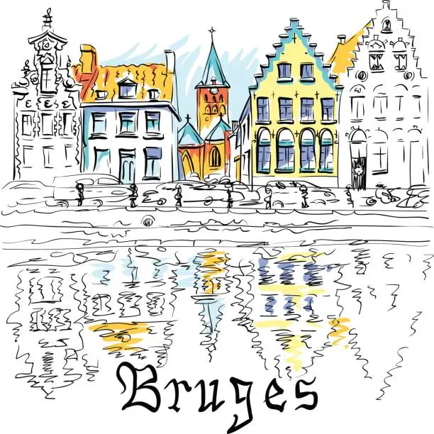 Vector illustration of Scenic city view of Bruges canal with beautiful houses