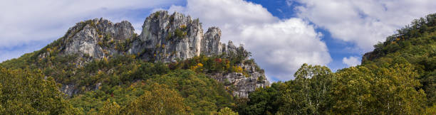 Panorama of the rocky mountain top of Seneca Rocks in West Virginia