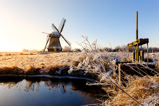 The Wedelfelder mill at sunrise on a cold winter morning in January.