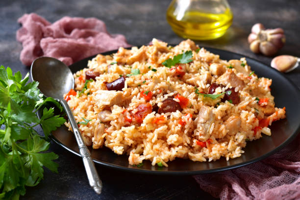 istock Jambalaya - spicy rice with meat and vegetables. 640155452