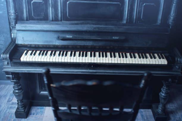 istock Black antique piano and a chair. General form 640156330