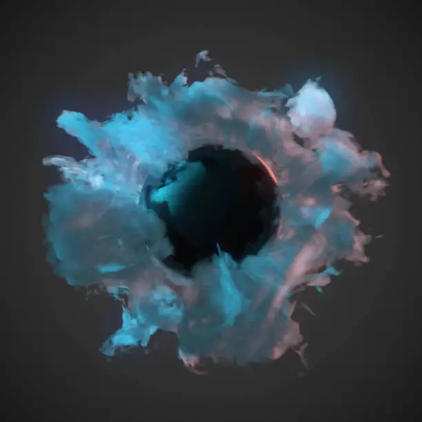 Abstract chemical blue dust wave with glowing ball in the middle 3d rendering