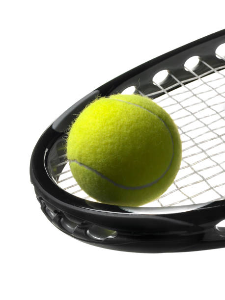 istock Closeup of tennis ball on racket 640163202