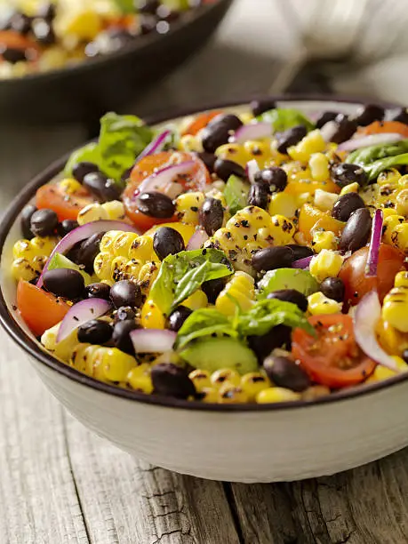 Grilled Corn and Black Bean Salad with Tomatoes, Red Onions, Cucumber and Basil  -Photographed on Hasselblad H3D2-39mb Camera