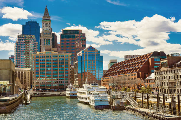 istock Boston skyline and ships moored at the pier 640165922