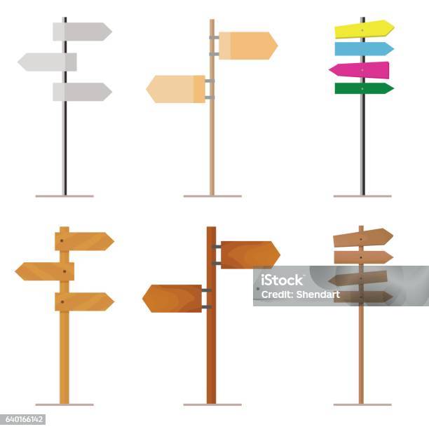 Set Road Signs Made Of Wood Or Metal For Your Stock Illustration - Download Image Now - Directional Sign, Sign, Direction