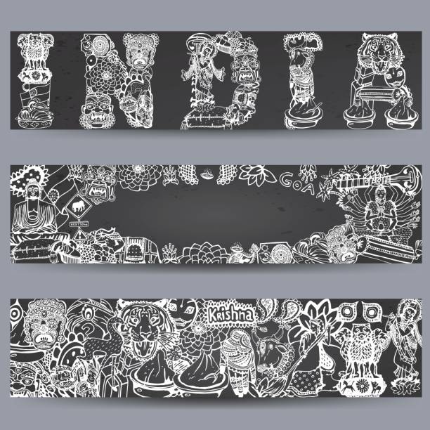 Vector Banners Set. Hand Drawn Indian Symbols and Elements. Vector Banners Set. Hand Drawn Indian Elements. National symbols of India. India Collage Pattern. Traditional Indian theme. Texture background. Doodle Style with Gray Chalkboard. puja set stock illustrations
