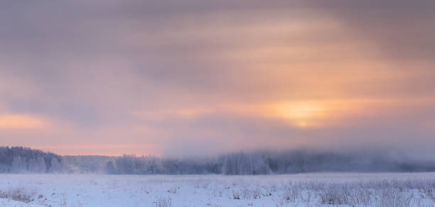 istock Yellow sun rising over mist in winter 640168276