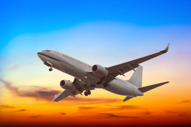 istock Commercial airplane flying with beautiful sunset background 640171178