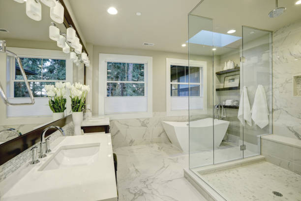 istock Amazing master bathroom with large glass walk-in shower 640173166