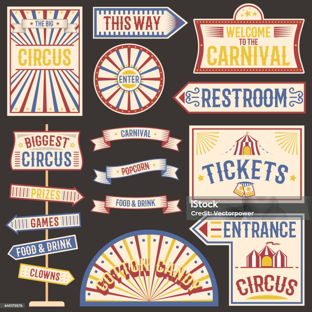 Ilustración vectorial de etiquetas vintage de circo. - arte vectorial de Carnaval libre de derechos