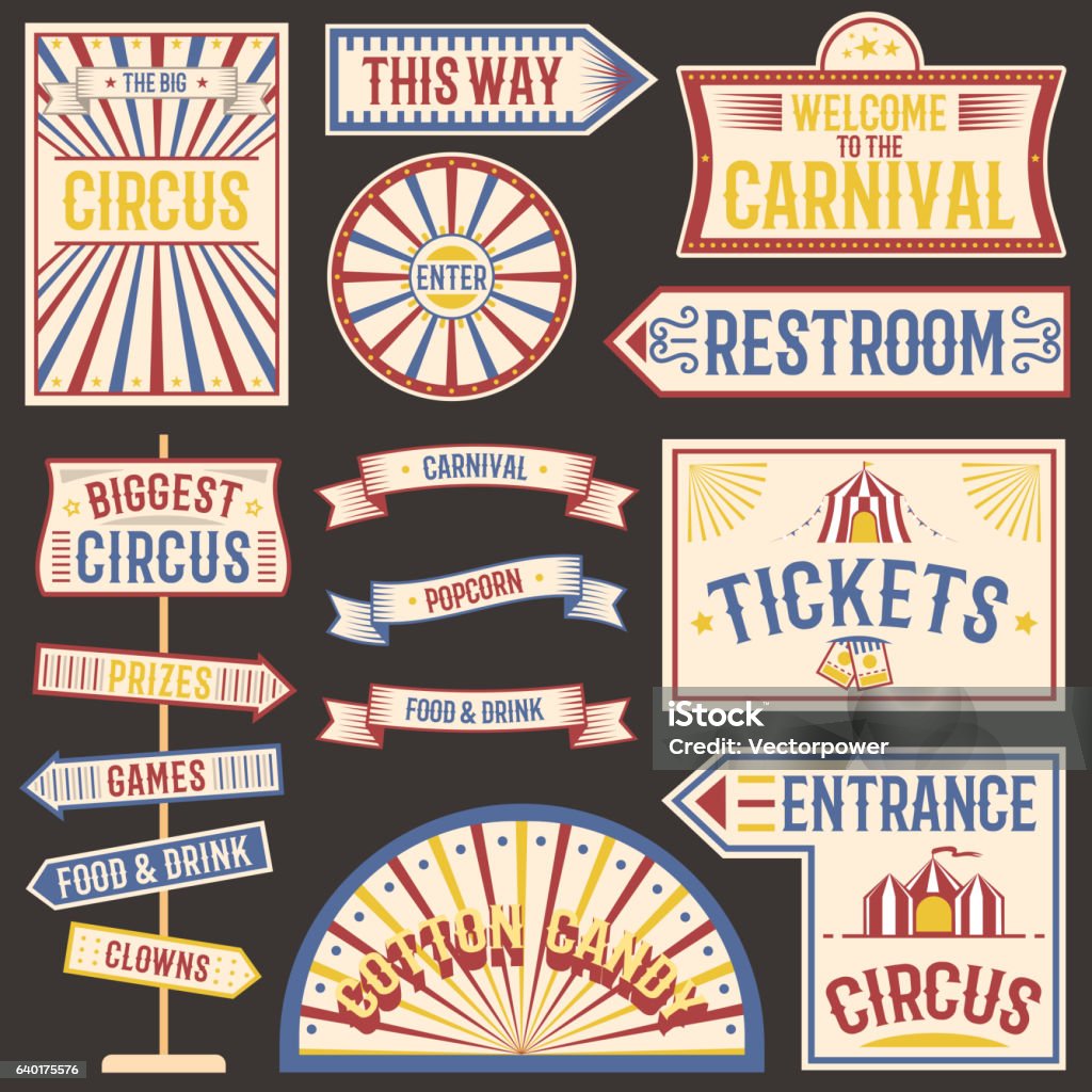 Circus vintage labels banner vector illustration. Set of circus labels carnival show. Elements for design on the party theme. Collection of symbols modern emblems and logos fun tag graphic vector illustration Traveling Carnival stock vector