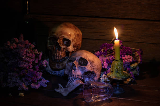 istock Skull with flowers  in a dark night. 640178870