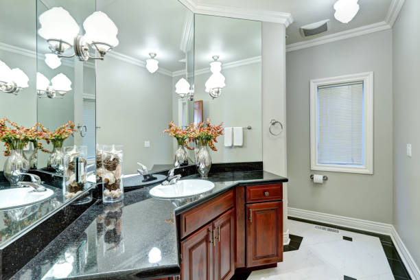 istock Soft grey bathroom interior boasts mosaic marble floor 640180922
