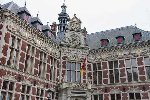 University Hall of Utrecht University and statue of Count (Graaf) Jan van Nassau in Dom Square, the Netherlands