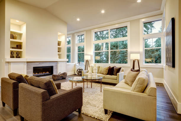 istock Chic light living room design with dark floors. 640184754