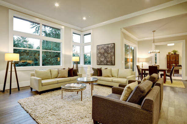 istock Chic light living room design with dark floors. 640184882