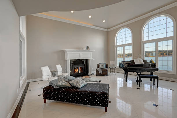 Luxury high ceiling living room with marble floor