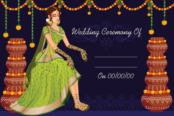 Indian Woman Bride In Wedding Mehandi Ceremony Of India Stock Illustration  - Download Image Now - iStock