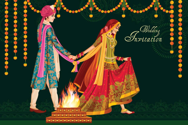 illustrations, cliparts, dessins animés et icônes de couple indien en mariage satphera cérémonie de l’inde - henna tattoo tattoo indian culture wedding