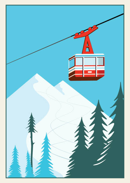 Vintage Winter cartoon background, poster. Red ski Lift Gondolas moving Vintage Winter cartoon background, poster. Red ski Lift Gondolas moving in Snow Mountains snowy road overhead stock illustrations