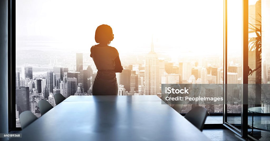 Soon I'll be running this city Rearview shot of a young businesswoman looking out from a large window in the office Women Stock Photo