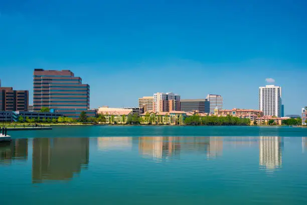 A view of the Las Colinas skyline with Lake Carolyn in Irving, Texas, a part of the Dallas - Fort Worth metroplex.