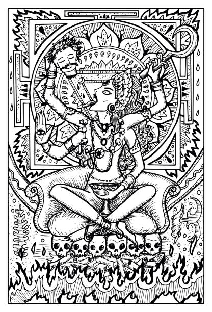 Kali, Indian hindi goddess Kali, Indian hindi goddess with death symbols. Fantasy magic creatures collection. Hand drawn vector illustration. Engraved line art drawing, graphic mythical doodle. Template for card game remarkable hell stock illustrations