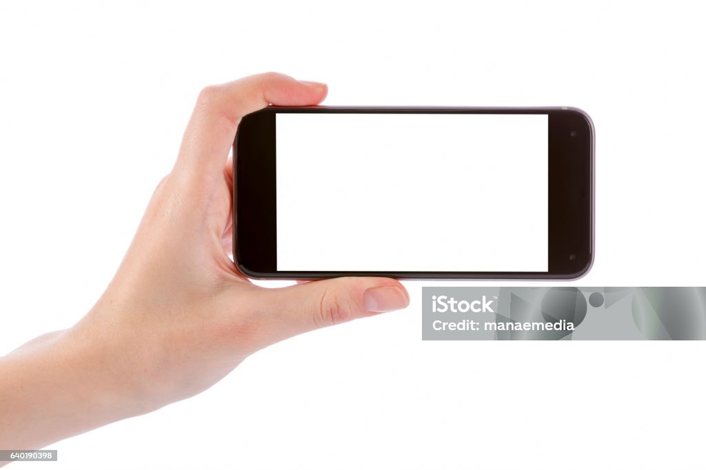 ��黒いスマートフォンを持つ手は白で隔離 - 横位置のロイヤリティフリーストックフォト