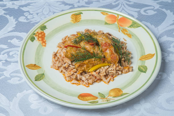 beautifully cooked cabbage rolls on plates stock photo