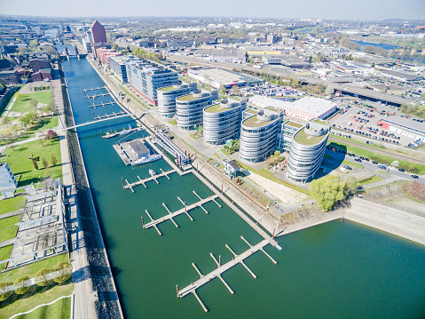 Aerial view of the harbour in Duisburg, Germany