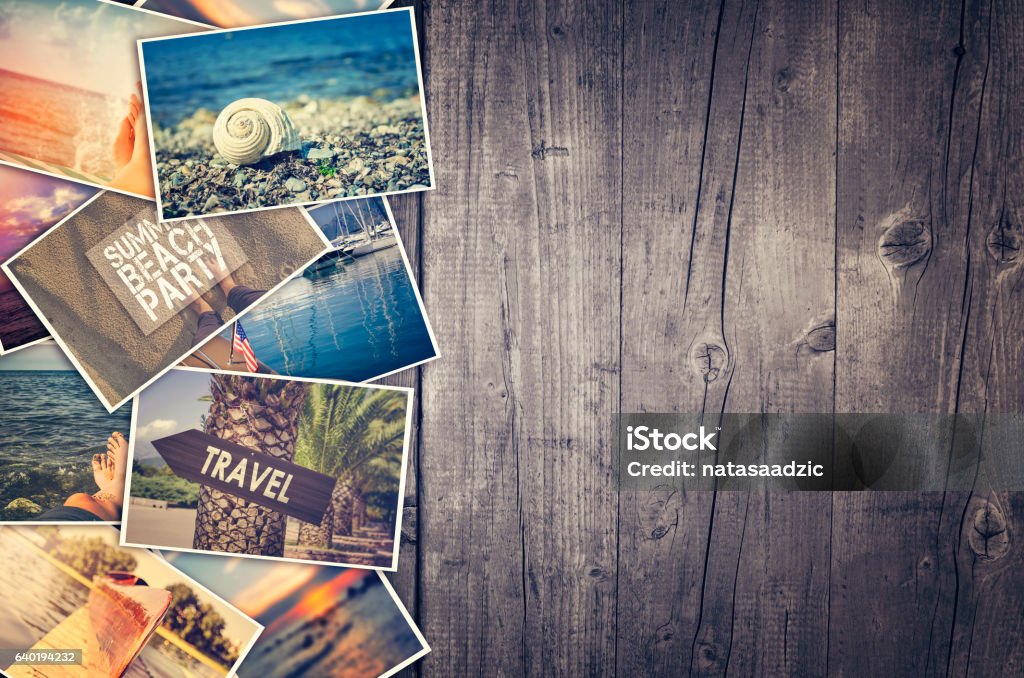 Travel photo collage on wooden background Image Montage Stock Photo