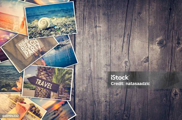 Travel Photo Collage On Wooden Background Stock Photo - Download Image Now - Image Montage, Composite Image, Photographic Print