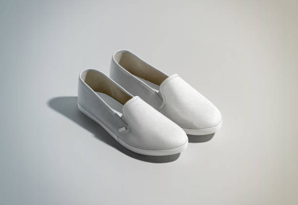 istock Blank white slip-on shoes pair design mockup, isometric view 640195130
