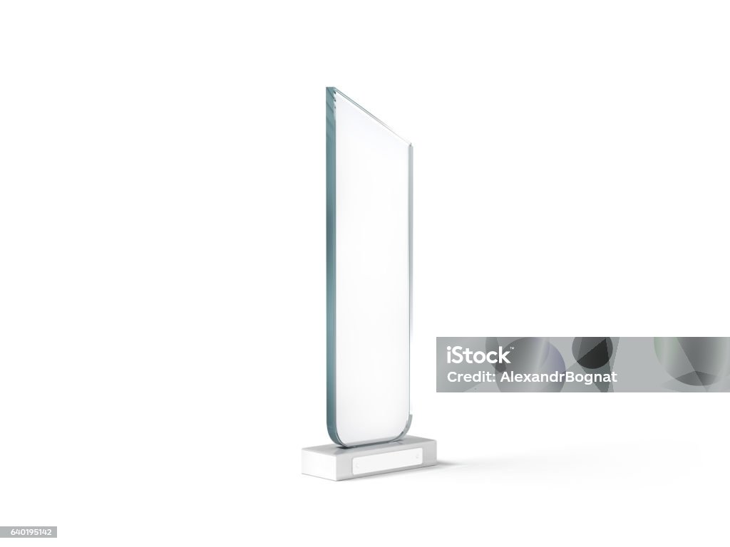 Blank tall glass trophy mockup, 3d rendering.. Blank tall glass trophy mockup, 3d rendering. Empty acrylic award design mock up. Transparent crystal prize plate template. Premium first place prise plaque, isolated on white. Glass - Material Stock Photo