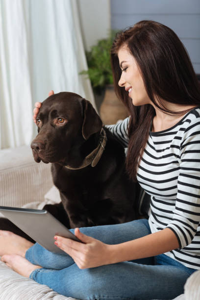 istock Nice smiling woman distracted by her cute dog 640199730