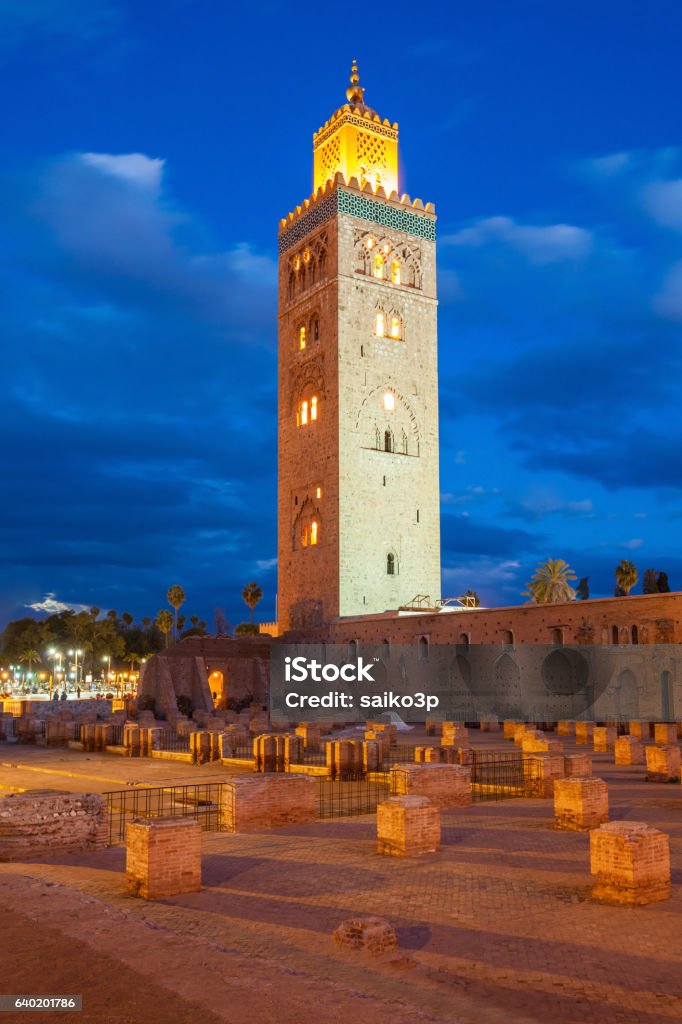 The Koutoubia Mosque The Koutoubia Mosque or Kutubiyya Mosque at night, it is the largest mosque in Marrakesh, Morocco. Africa Stock Photo