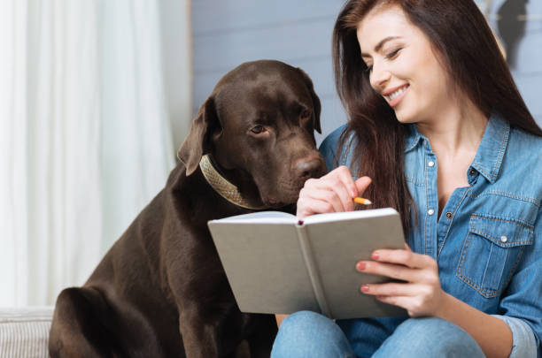 istock Happy brunette laughing at her pet 640201922