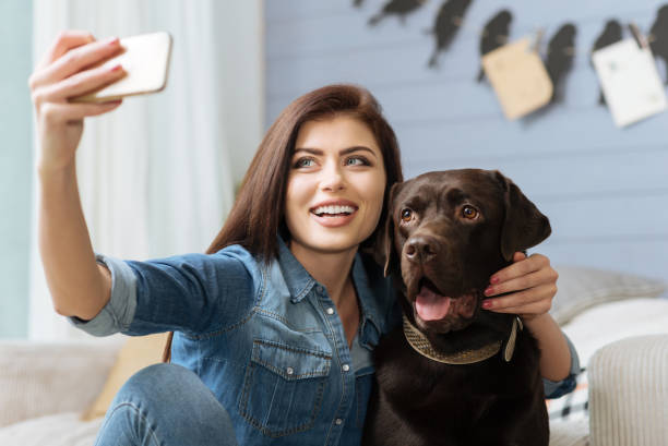 istock Elegant cheerful lady and her pet posing for a shot 640203492