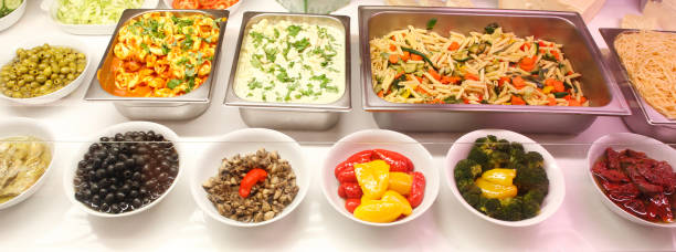 istock Showcase and bowls with antipasti misto and pasta 640205678
