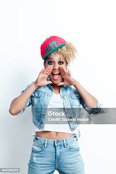 Excited Afro American Young Woman Screaming Stock Photo - Download Image Now - Adult, Adults Only, African Ethnicity