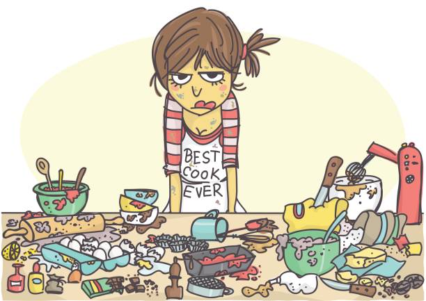 illustrations, cliparts, dessins animés et icônes de femme stressée faisant un gâteau - cooking mess