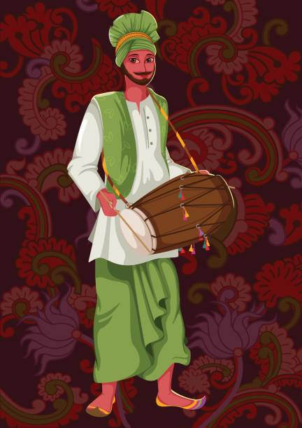 illustrazioni stock, clip art, cartoni animati e icone di tendenza di artista che suona musica folk dhol in india - bhangra