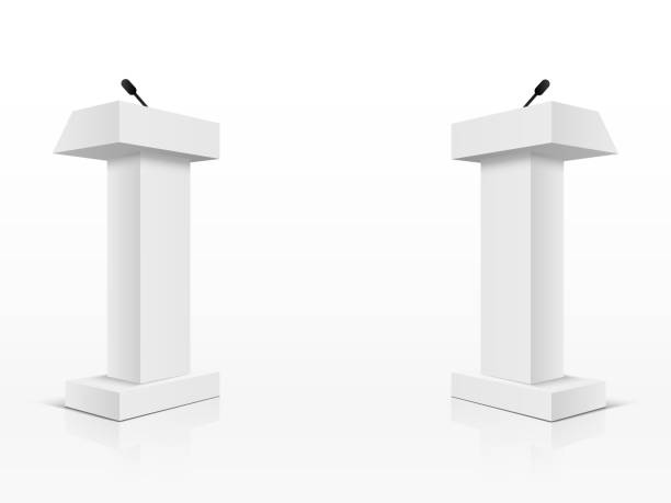 istock Vector White Podium Tribune Rostrum Stand with Microphones Isolated 640214716