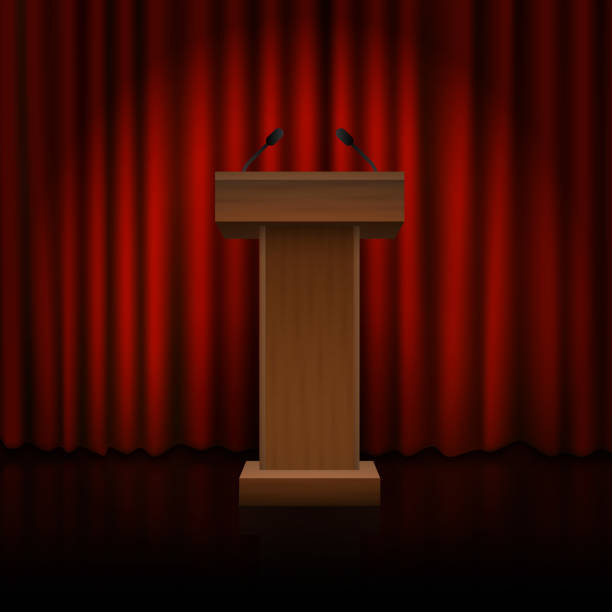 istock Wooden podium on the floor with red curtains. Vector 640217214