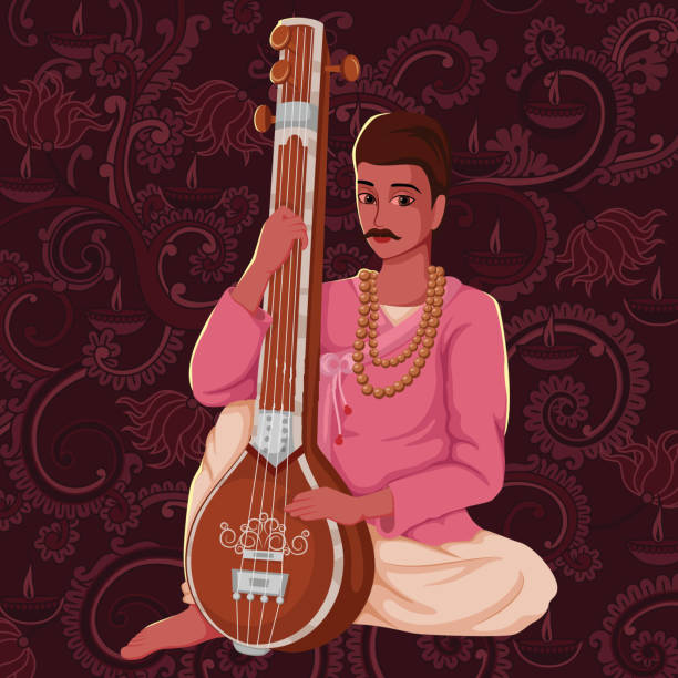 illustrazioni stock, clip art, cartoni animati e icone di tendenza di artista che suona musica folk tanpura dell'india - hindustani