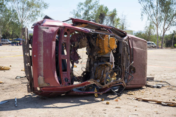 wrecked vehicle in car bomb demonstration in forensic and law enforcement training course