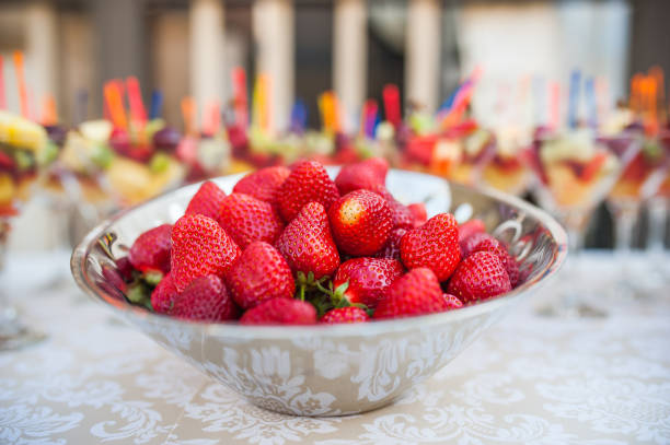 Strawberries in a metal plate stock photo